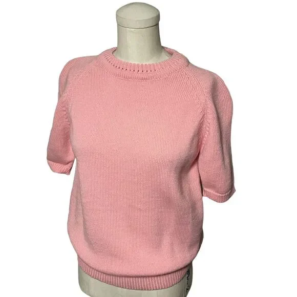 Vintage Pink Classic Look Short Sleeve Sweater Preppy Cute Girly Crewneck - Picture 2 of 5